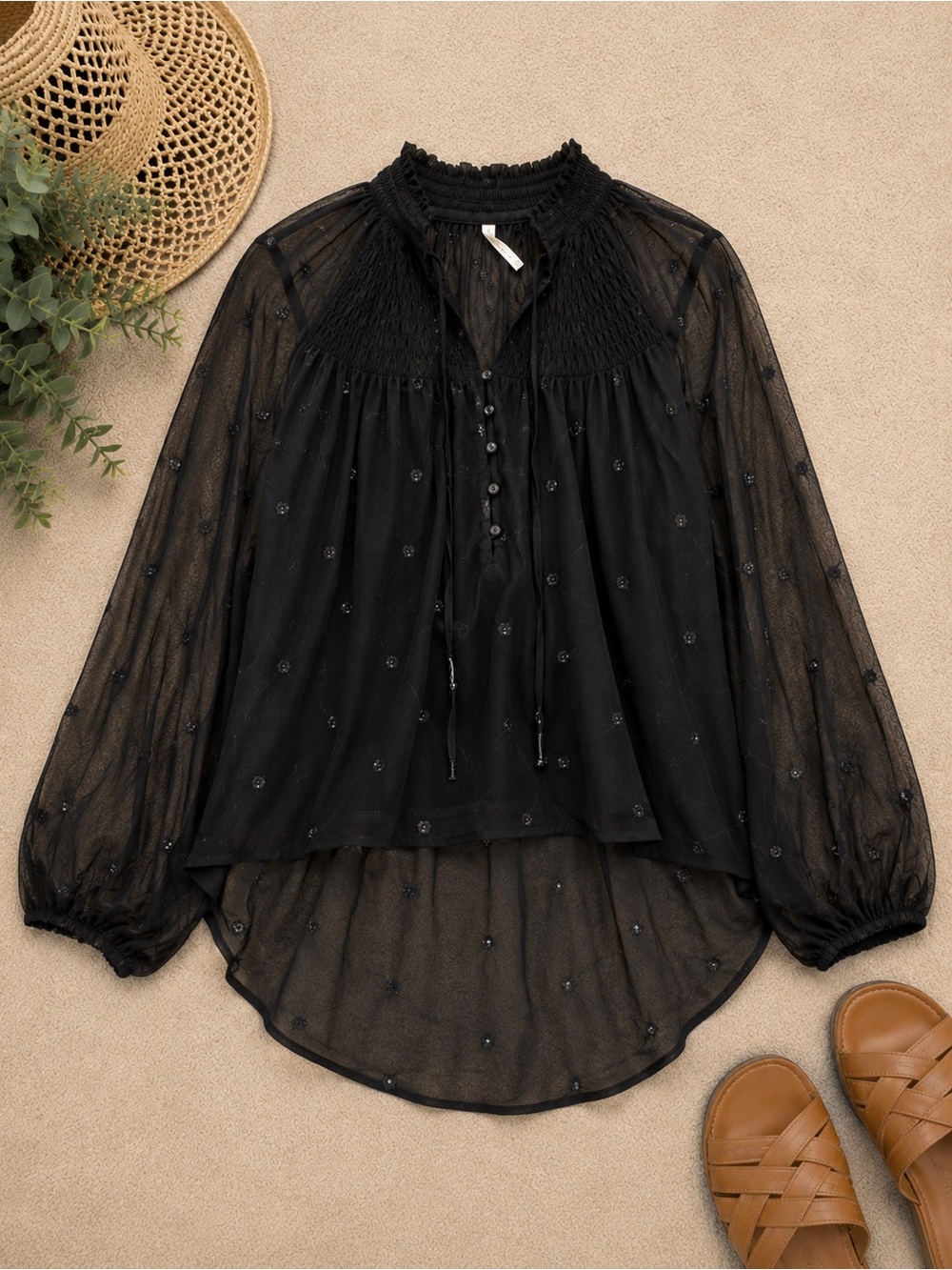 Free People Ready to Run Sheer Smocked Dot Georgette Top XS Black